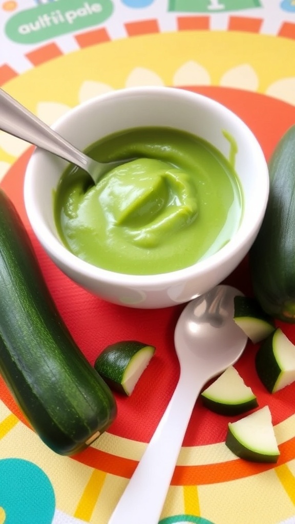 Zucchini Puree Recipe for Babies A bowl of zucchini puree for babies, with fresh zucchini pieces and a spoon on a colorful mat.